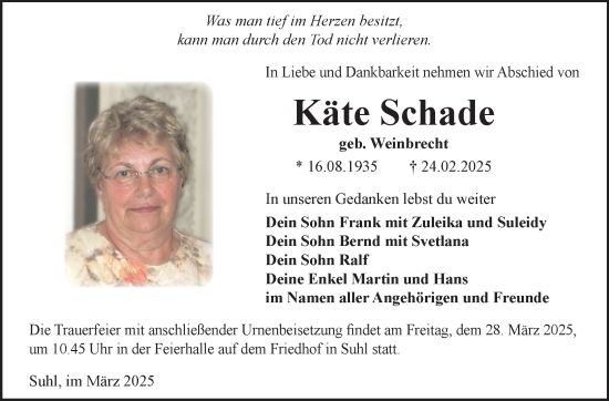 Traueranzeige von Käte Schade von Südthüringer Presse