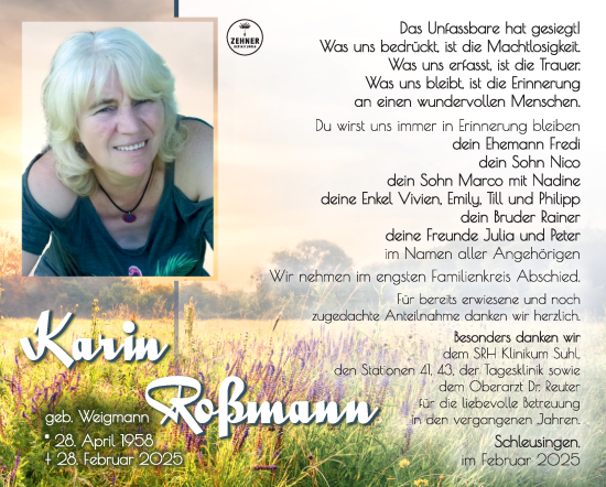 Traueranzeige von Karin Roßmann von Südthüringer Presse
