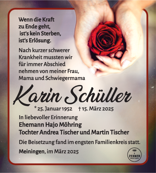 Traueranzeige von Karin Schüller von Südthüringer Presse