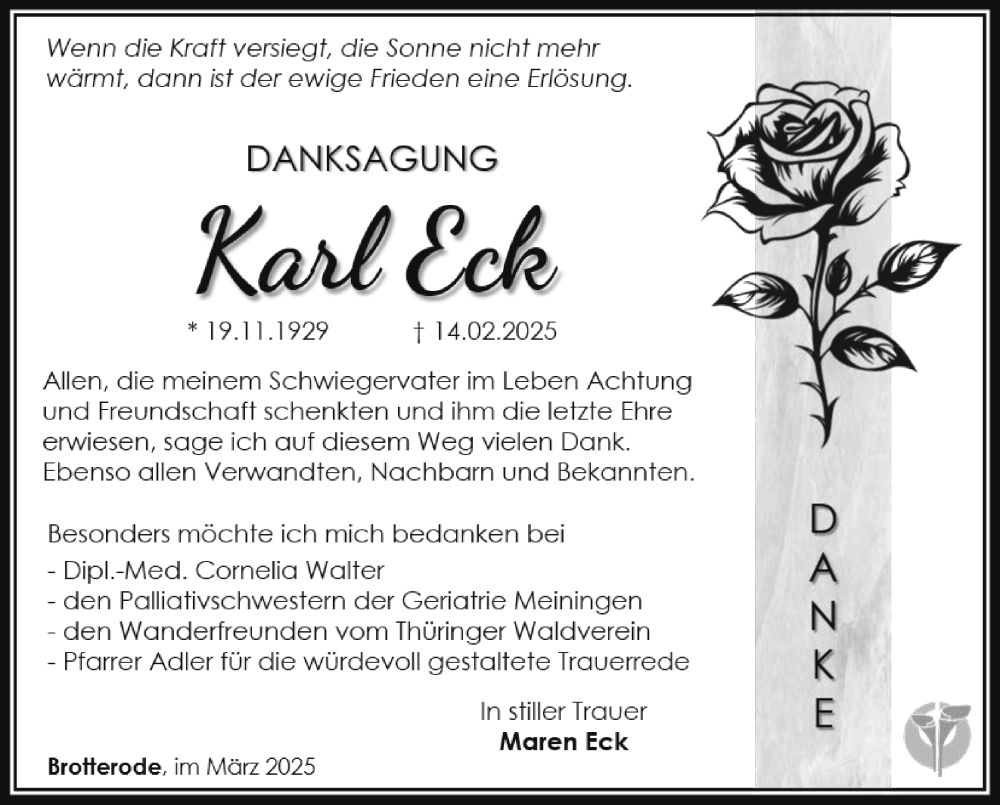 Traueranzeige für Karl Eck vom 29.03.2025 aus Südthüringer Presse