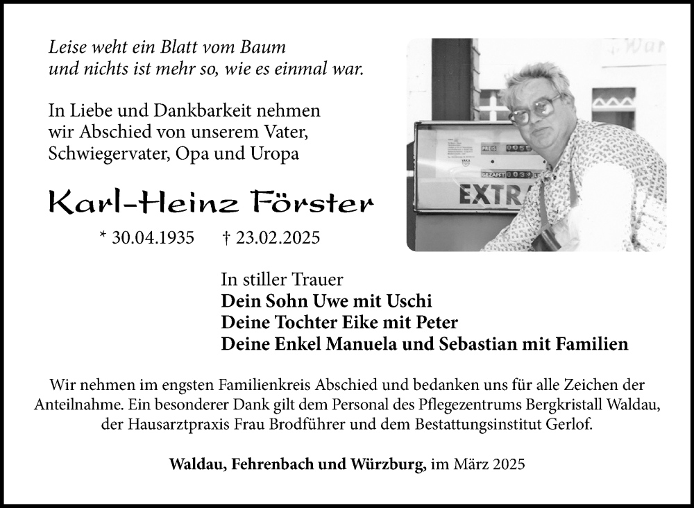  Traueranzeige für Karl-Heinz Förster vom 08.03.2025 aus Südthüringer Presse