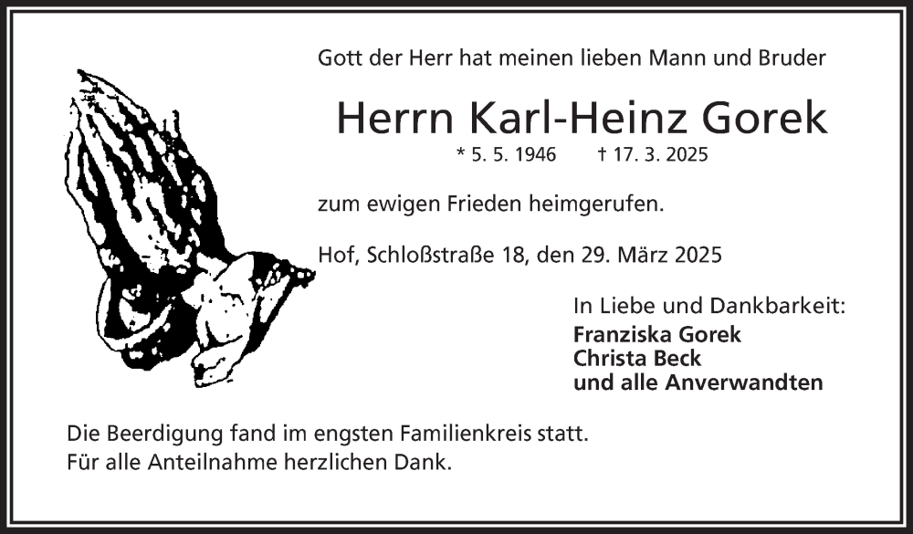 Traueranzeige für Karl-Heinz Gorek vom 29.03.2025 aus Frankenpost