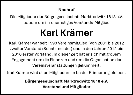 Traueranzeige von Karl Krämer von Frankenpost