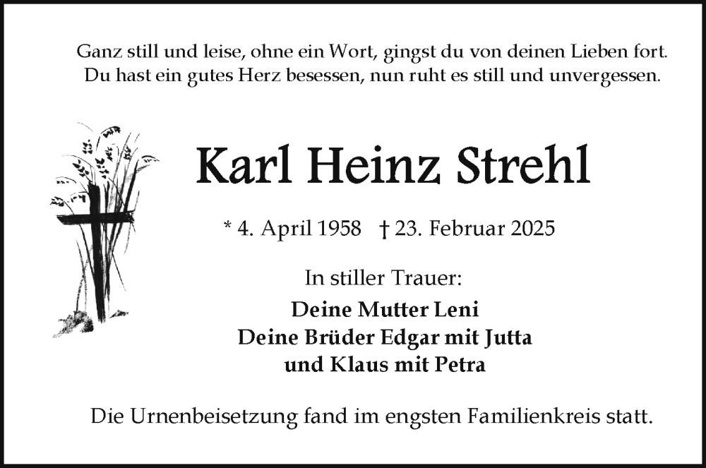  Traueranzeige für Karl Heinz Strehl vom 15.03.2025 aus Frankenpost