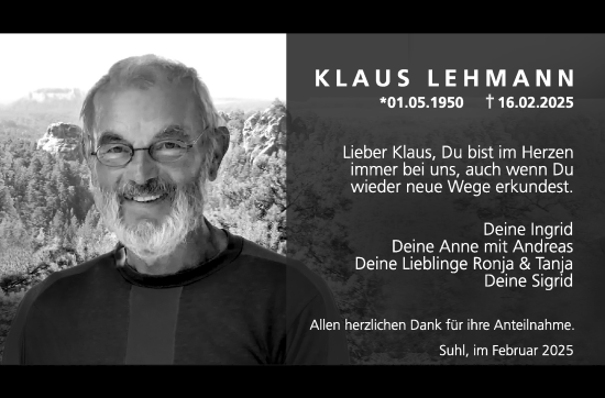 Traueranzeige von Klaus Lehmann von Südthüringer Presse