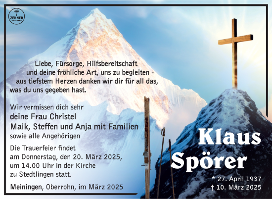Traueranzeige von Klaus Spörer von Südthüringer Presse