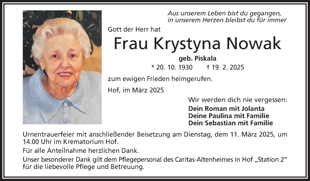  Traueranzeige für Krystyna Nowak vom 08.03.2025 aus Frankenpost