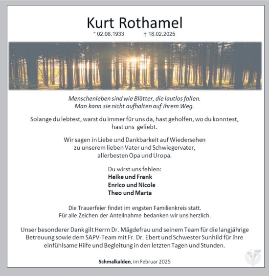 Traueranzeige von Kurt Rothamel von Südthüringer Presse