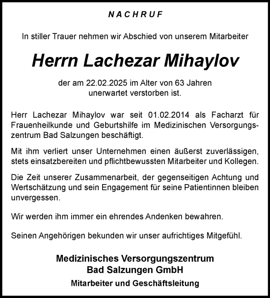 Traueranzeige von Lachezar Mihaylov von Südthüringer Presse