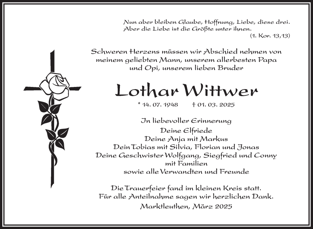  Traueranzeige für Lothar Wittwer vom 08.03.2025 aus Frankenpost