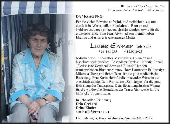 Traueranzeige von Luise Ehmer von Südthüringer Presse