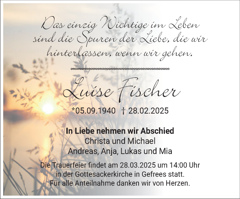  Traueranzeige für Luise Fischer vom 25.03.2025 aus Frankenpost