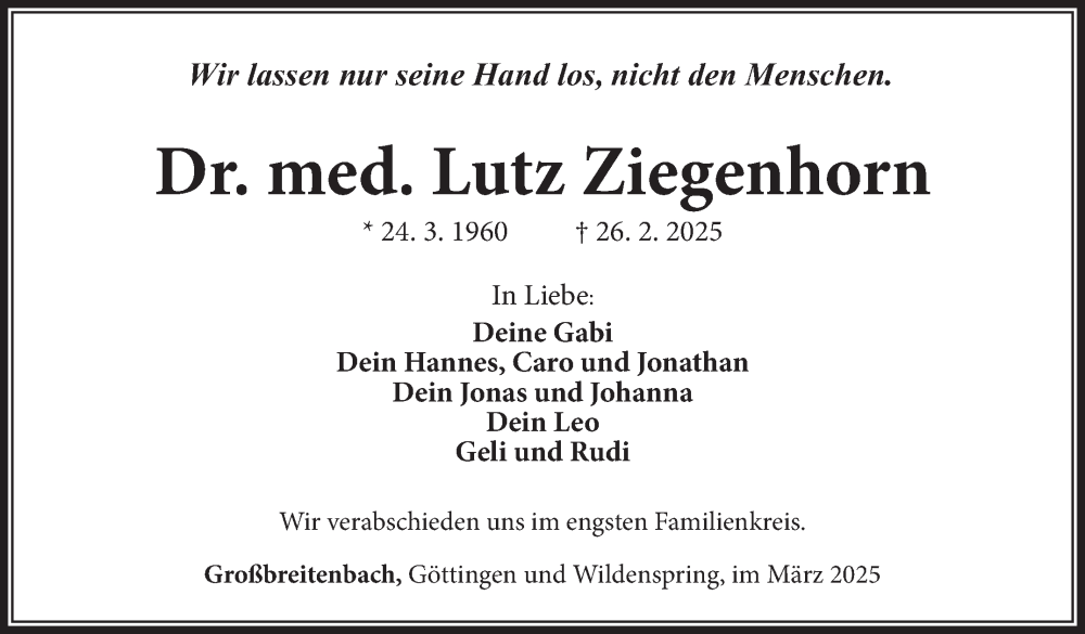  Traueranzeige für Lutz Ziegenhorn vom 08.03.2025 aus Südthüringer Presse