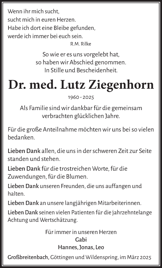 Traueranzeige von Lutz Ziegenhorn von Südthüringer Presse