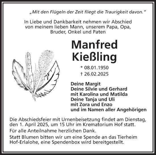 Traueranzeige von Manfred Kießling von Frankenpost