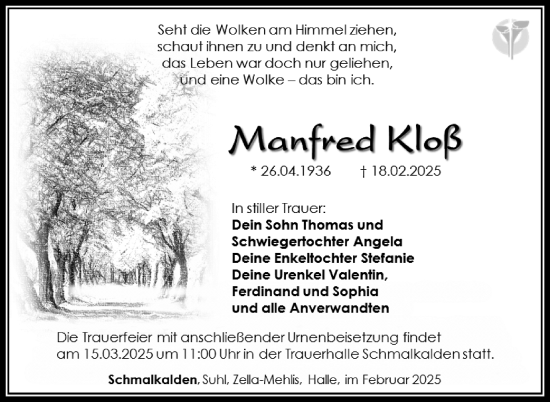 Traueranzeige von Manfred Kloß von Südthüringer Presse
