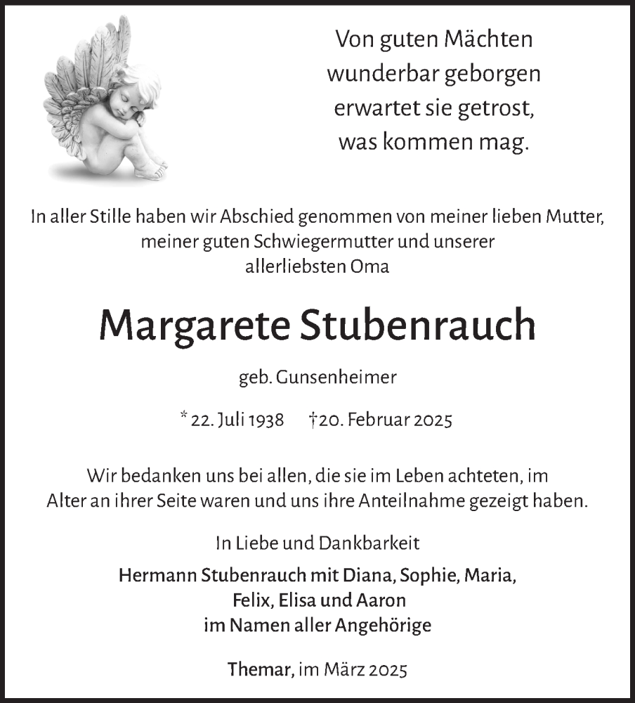  Traueranzeige für Margarete Stubenrauch vom 06.03.2025 aus Südthüringer Presse