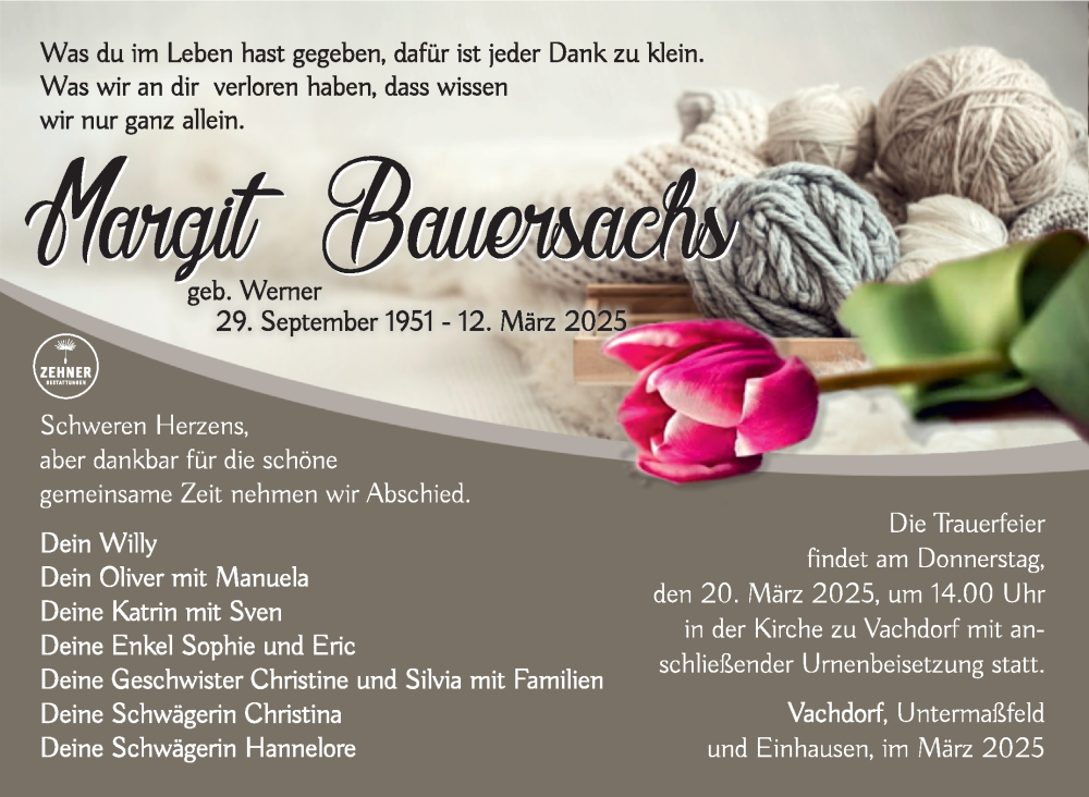  Traueranzeige für Margit Bauersachs vom 15.03.2025 aus Südthüringer Presse
