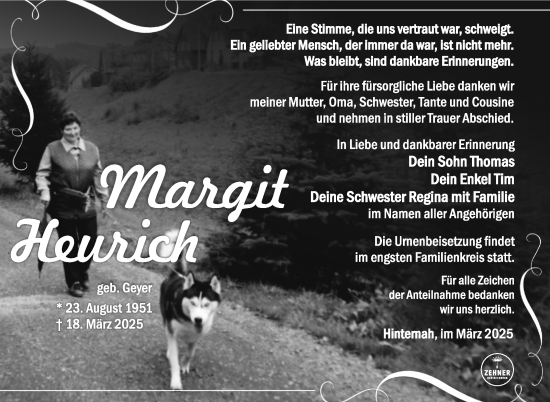 Traueranzeige von Margit Heurich von Südthüringer Presse