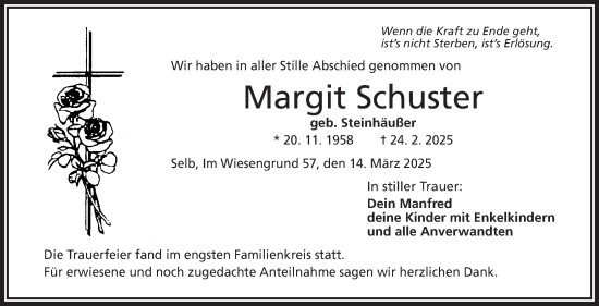 Traueranzeige von Margit Schuster von Frankenpost