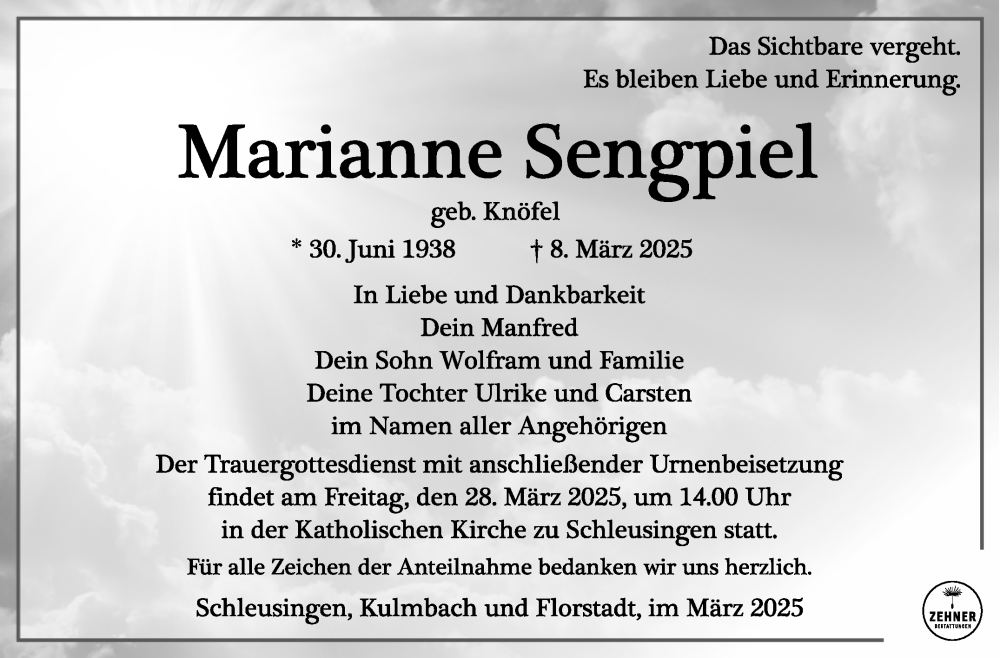  Traueranzeige für Marianne Sengpiel vom 22.03.2025 aus Südthüringer Presse