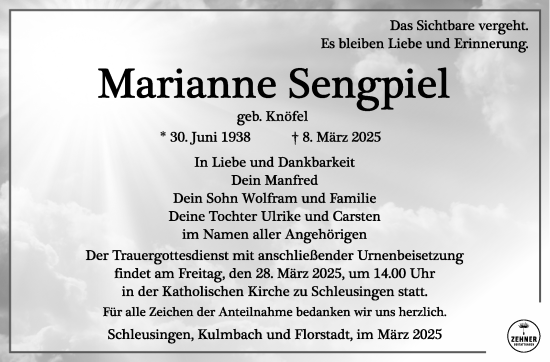 Traueranzeige von Marianne Sengpiel von Südthüringer Presse