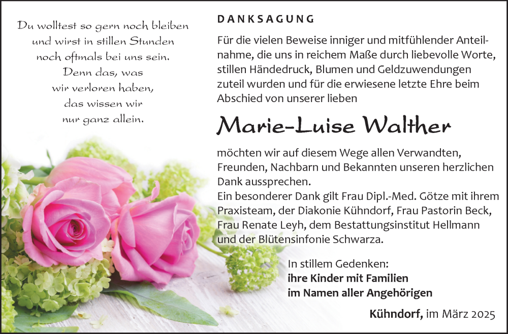  Traueranzeige für Marie-Luise Walther vom 22.03.2025 aus Südthüringer Presse