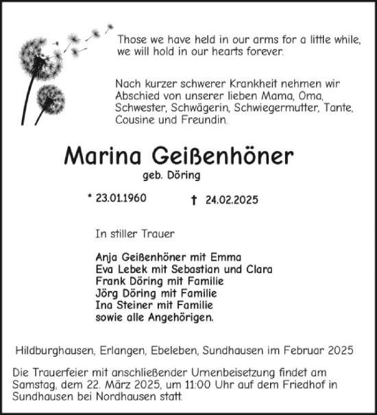 Traueranzeige von Marina Geißenhöner von Südthüringer Presse