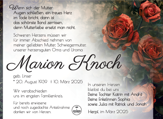 Traueranzeige von Marion Knoch von Südthüringer Presse