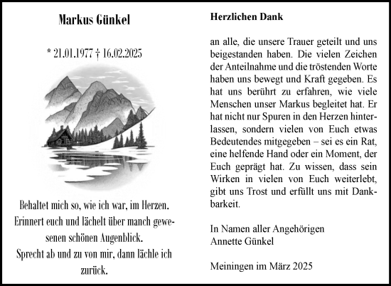 Traueranzeige von Markus Günkel von Südthüringer Presse
