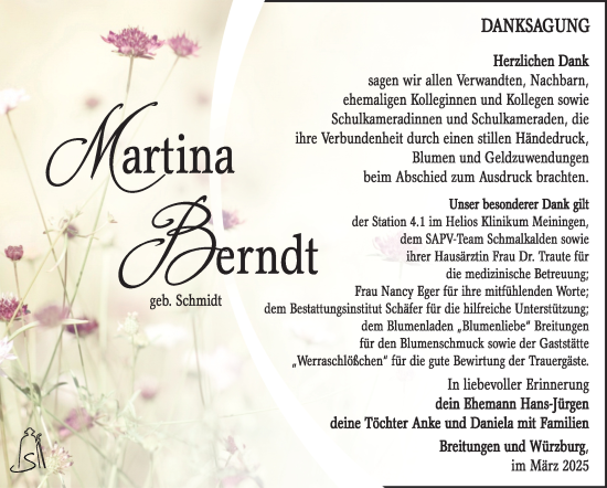 Traueranzeige von Martina Berndt von Südthüringer Presse