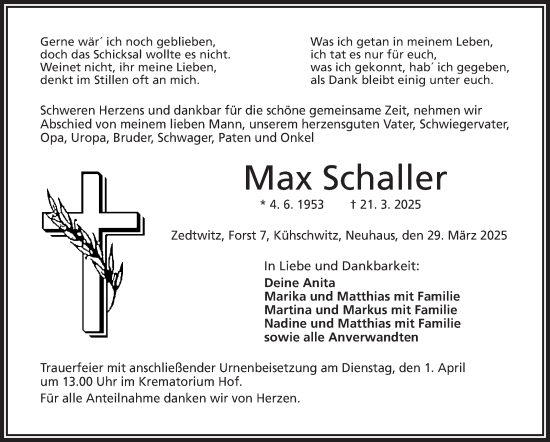 Traueranzeige von Max Schaller von Frankenpost