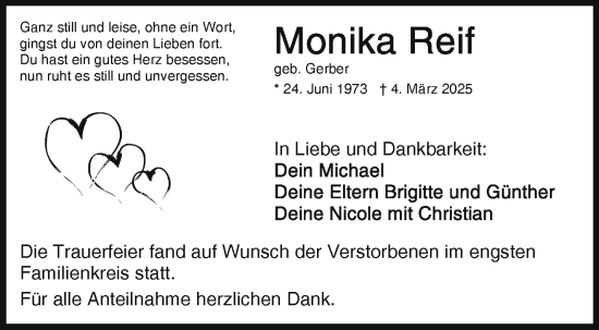 Traueranzeige von Monika Reif von Frankenpost