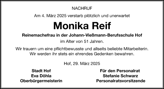 Traueranzeige von Monika Reif von Frankenpost