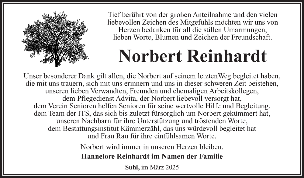  Traueranzeige für Norbert Reinhardt vom 08.03.2025 aus Südthüringer Presse