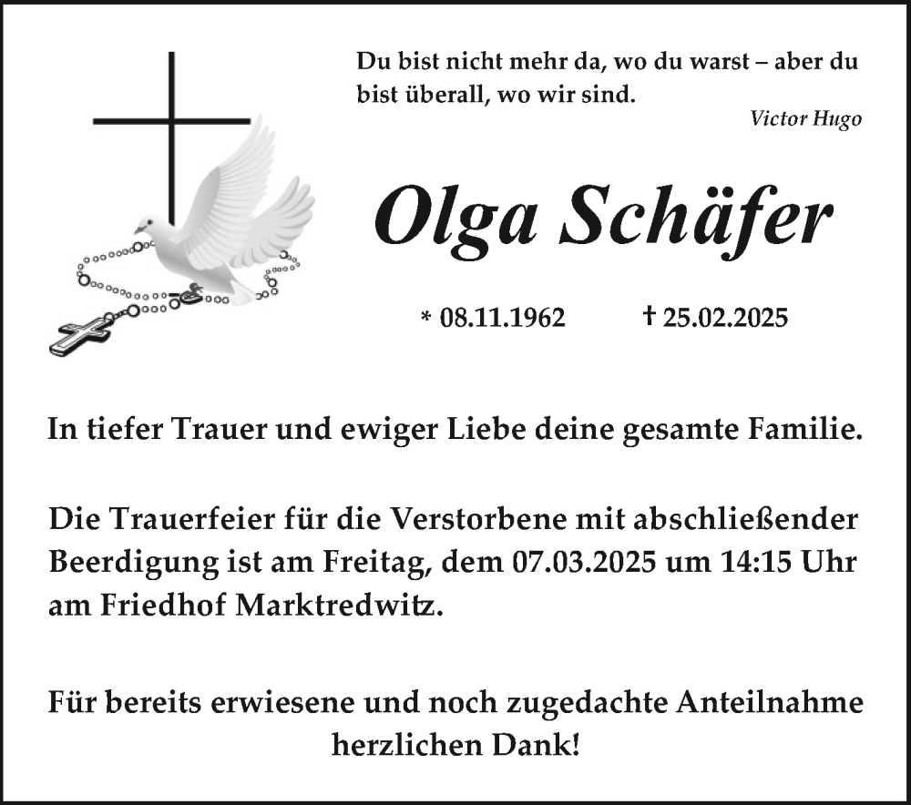  Traueranzeige für Olga Schäfer vom 05.03.2025 aus Frankenpost