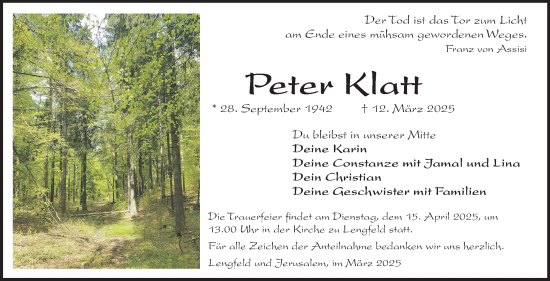 Traueranzeige von Peter Klatt von Südthüringer Presse