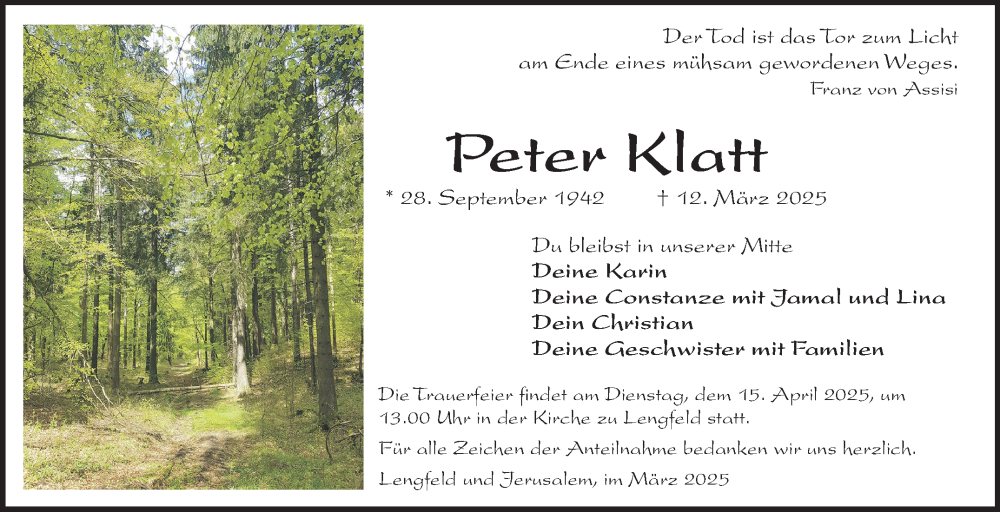  Traueranzeige für Peter Klatt vom 20.03.2025 aus Südthüringer Presse