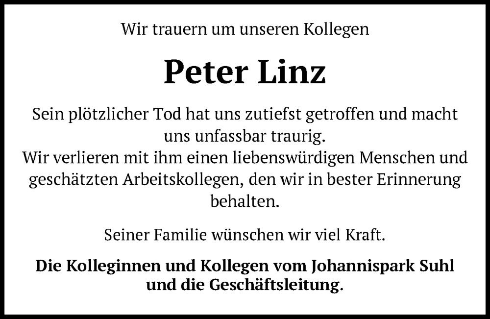  Traueranzeige für Peter Linz vom 22.03.2025 aus Südthüringer Presse