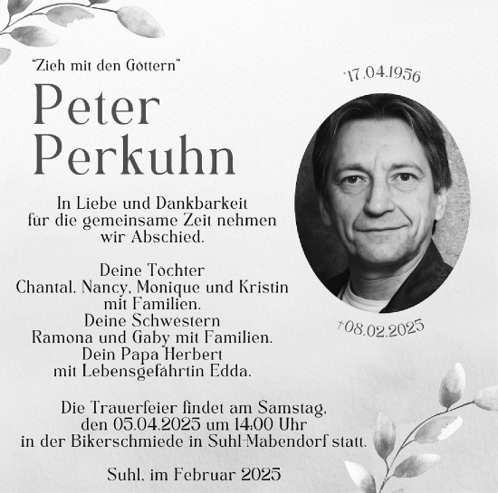 Traueranzeige von Peter Perkuhn von Südthüringer Presse