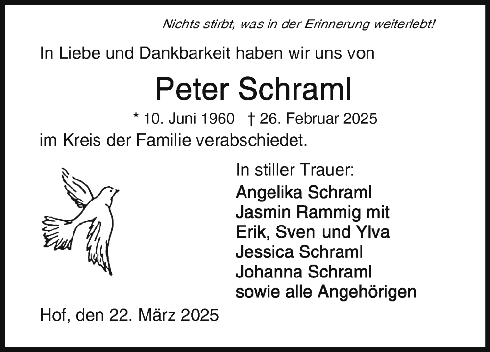  Traueranzeige für Peter Schraml vom 22.03.2025 aus Frankenpost