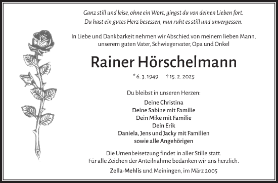 Traueranzeige von Rainer Hörschelmann von Südthüringer Presse