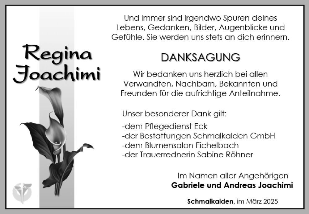  Traueranzeige für Regina Joachimi vom 15.03.2025 aus Südthüringer Presse