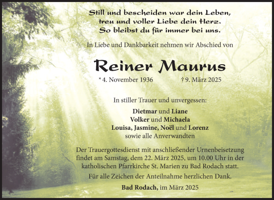 Traueranzeige von Reiner Maurus von Neue Presse Coburg