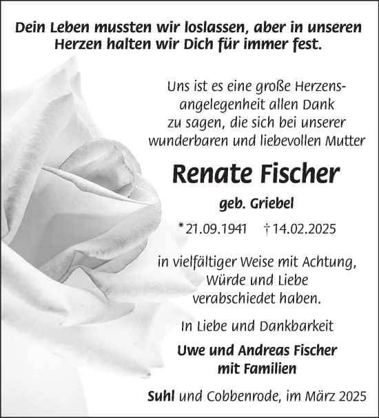 Traueranzeige von Renate Fischer von Südthüringer Presse
