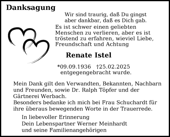 Traueranzeige von Renate Istel von Südthüringer Presse