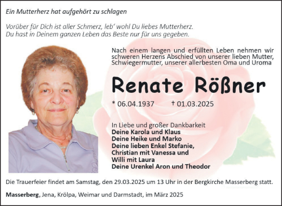 Traueranzeige von Renate Rößner von Südthüringer Presse
