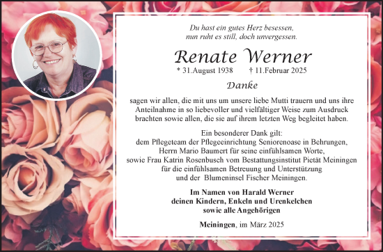 Traueranzeige von Renate Werner von Südthüringer Presse