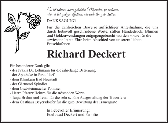 Traueranzeige von Richard Deckert von Südthüringer Presse