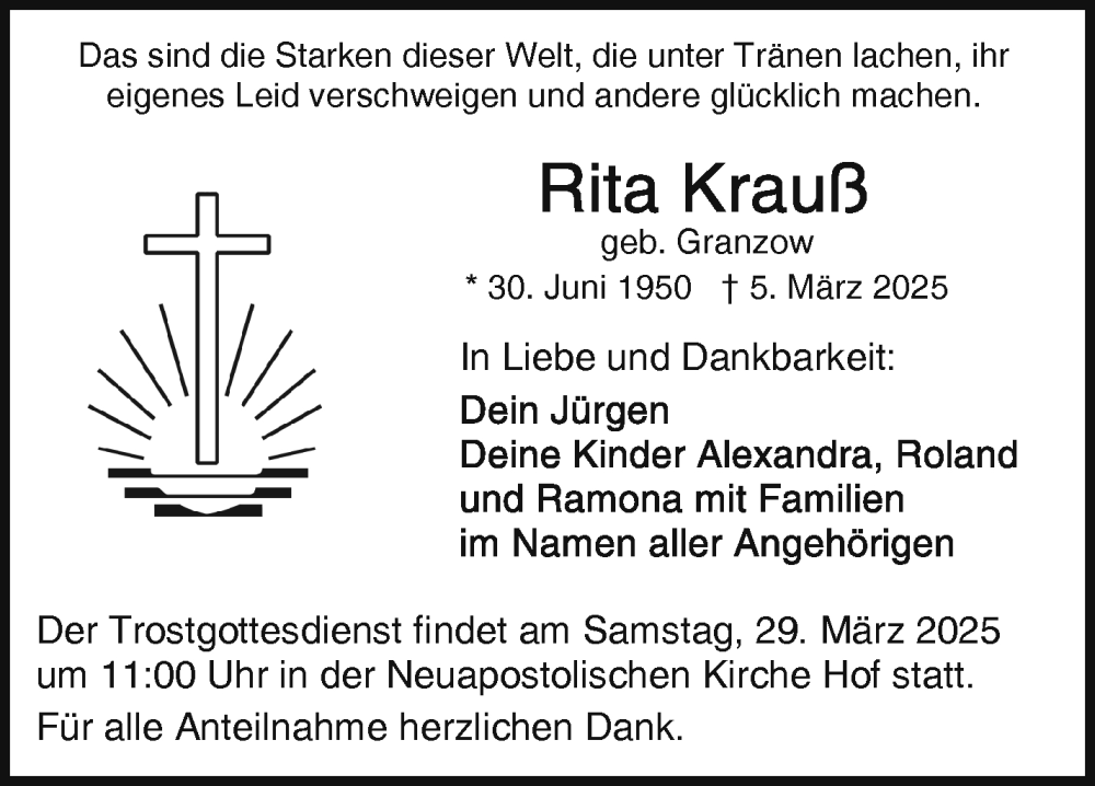  Traueranzeige für Rita Krauß vom 22.03.2025 aus Frankenpost